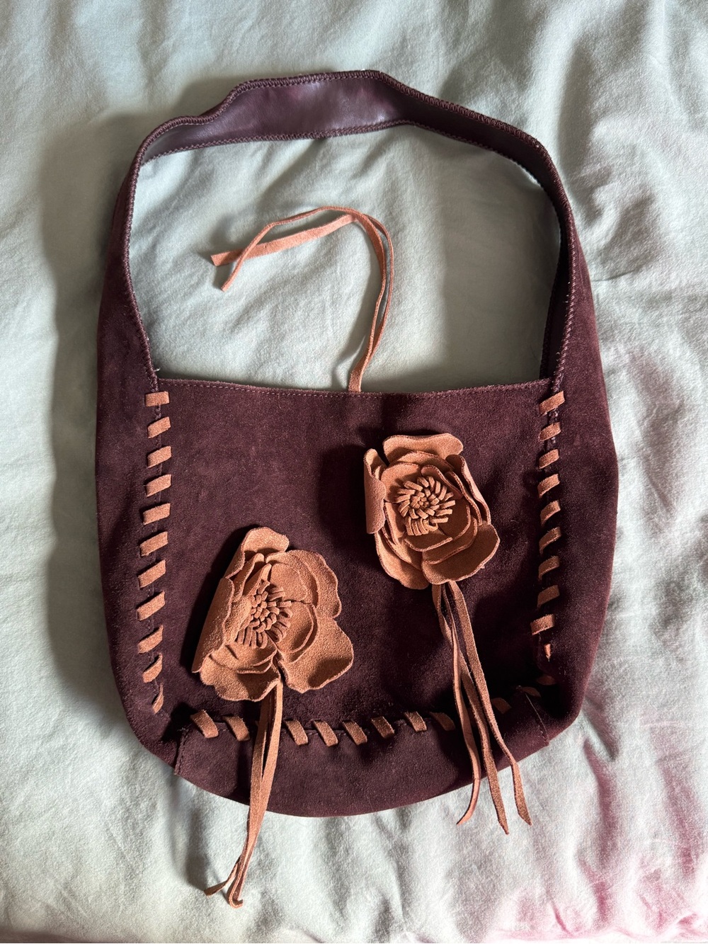 ⁠Y2K Express Brown Genuine Suede Leather Whipstitch Floral Flower Hobo Bag - Picture 2 of 11
